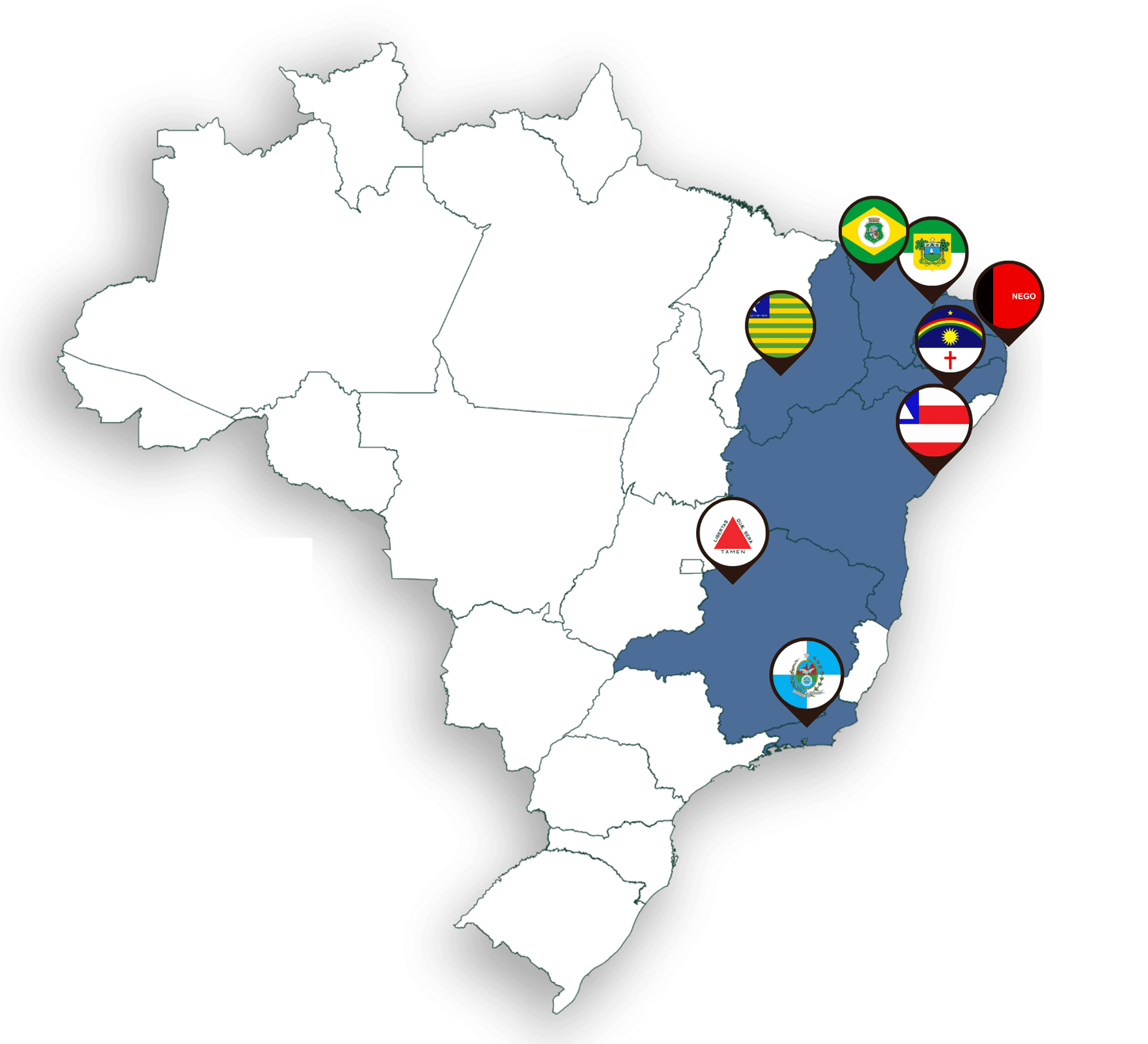 Mapa do Brasil com os estados de atuação do NIESADT